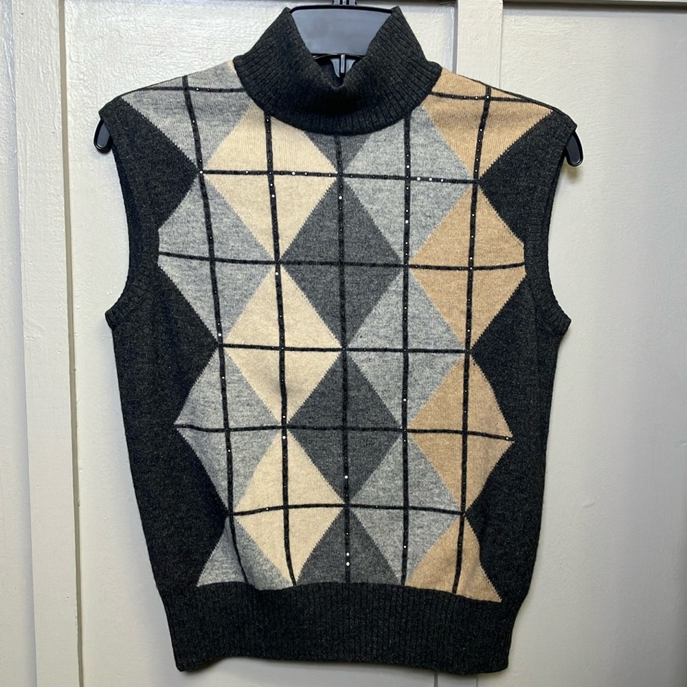 Escada Sweater Gray And beige Rhinestone Trim Sweater Size 8